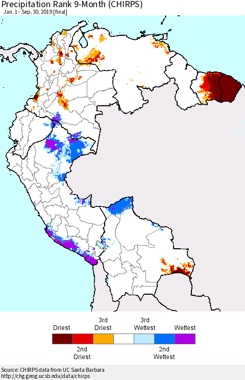 Northern South America Precipitation Rank since 1981, 9-Month (CHIRPS) Thematic Map For 1/1/2019 - 9/30/2019
