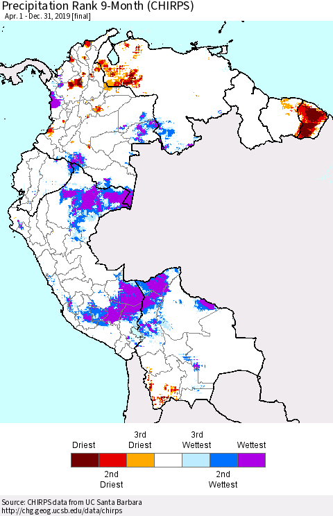 Northern South America Precipitation Rank since 1981, 9-Month (CHIRPS) Thematic Map For 4/1/2019 - 12/31/2019
