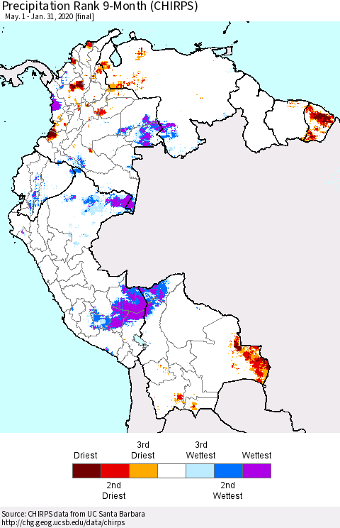 Northern South America Precipitation Rank since 1981, 9-Month (CHIRPS) Thematic Map For 5/1/2019 - 1/31/2020