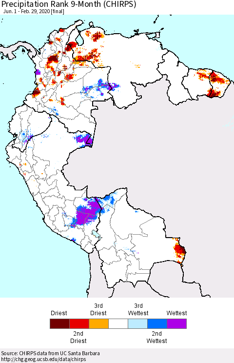 Northern South America Precipitation Rank since 1981, 9-Month (CHIRPS) Thematic Map For 6/1/2019 - 2/29/2020