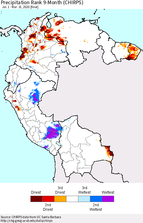 Northern South America Precipitation Rank since 1981, 9-Month (CHIRPS) Thematic Map For 7/1/2019 - 3/31/2020