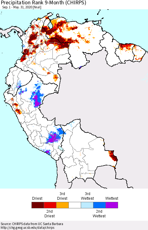 Northern South America Precipitation Rank since 1981, 9-Month (CHIRPS) Thematic Map For 9/1/2019 - 5/31/2020