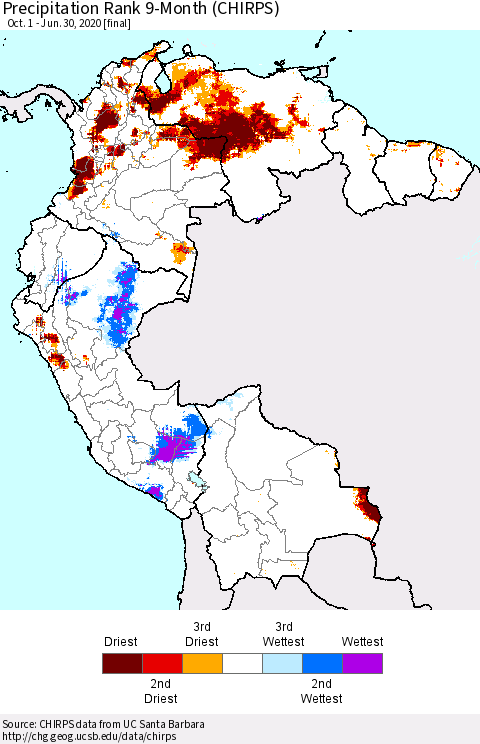 Northern South America Precipitation Rank since 1981, 9-Month (CHIRPS) Thematic Map For 10/1/2019 - 6/30/2020