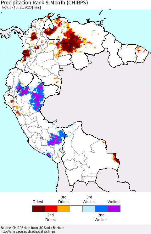 Northern South America Precipitation Rank since 1981, 9-Month (CHIRPS) Thematic Map For 11/1/2019 - 7/31/2020