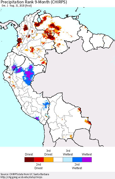 Northern South America Precipitation Rank since 1981, 9-Month (CHIRPS) Thematic Map For 12/1/2019 - 8/31/2020