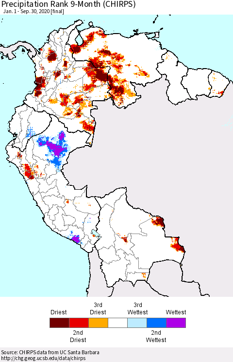 Northern South America Precipitation Rank 9-Month (CHIRPS) Thematic Map For 1/1/2020 - 9/30/2020