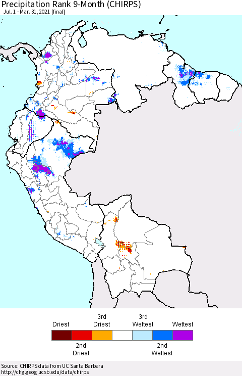Northern South America Precipitation Rank since 1981, 9-Month (CHIRPS) Thematic Map For 7/1/2020 - 3/31/2021