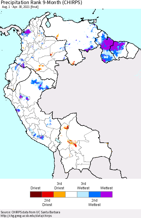 Northern South America Precipitation Rank 9-Month (CHIRPS) Thematic Map For 8/1/2020 - 4/30/2021