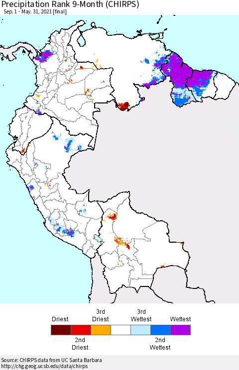 Northern South America Precipitation Rank 9-Month (CHIRPS) Thematic Map For 9/1/2020 - 5/31/2021