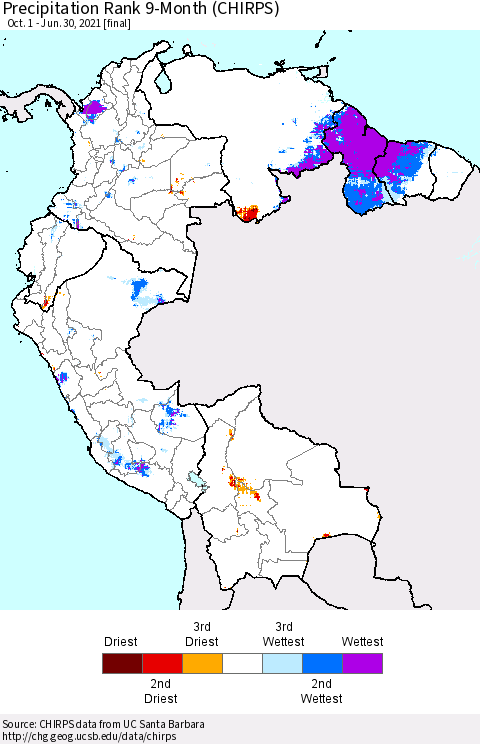 Northern South America Precipitation Rank since 1981, 9-Month (CHIRPS) Thematic Map For 10/1/2020 - 6/30/2021