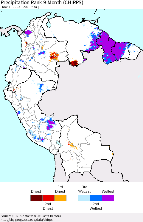 Northern South America Precipitation Rank 9-Month (CHIRPS) Thematic Map For 11/1/2020 - 7/31/2021