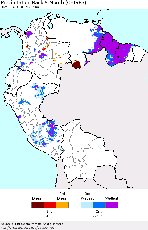 Northern South America Precipitation Rank 9-Month (CHIRPS) Thematic Map For 12/1/2020 - 8/31/2021