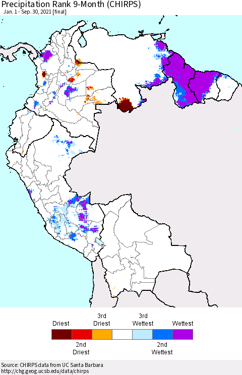 Northern South America Precipitation Rank 9-Month (CHIRPS) Thematic Map For 1/1/2021 - 9/30/2021