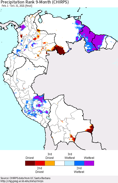 Northern South America Precipitation Rank since 1981, 9-Month (CHIRPS) Thematic Map For 2/1/2021 - 10/31/2021