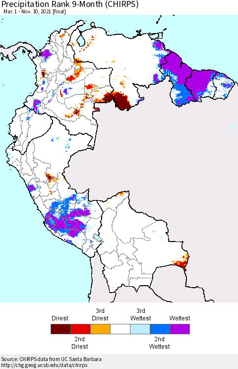 Northern South America Precipitation Rank 9-Month (CHIRPS) Thematic Map For 3/1/2021 - 11/30/2021