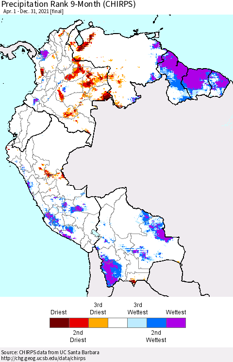 Northern South America Precipitation Rank 9-Month (CHIRPS) Thematic Map For 4/1/2021 - 12/31/2021