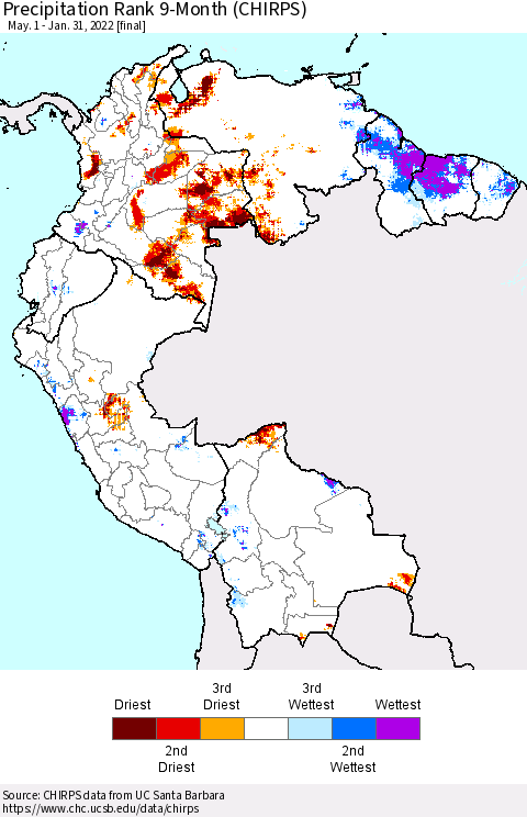 Northern South America Precipitation Rank since 1981, 9-Month (CHIRPS) Thematic Map For 5/1/2021 - 1/31/2022