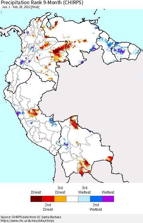 Northern South America Precipitation Rank since 1981, 9-Month (CHIRPS) Thematic Map For 6/1/2021 - 2/28/2022