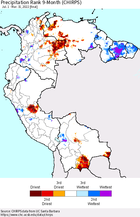 Northern South America Precipitation Rank 9-Month (CHIRPS) Thematic Map For 7/1/2021 - 3/31/2022