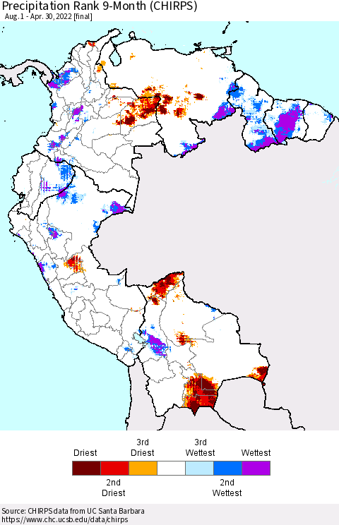 Northern South America Precipitation Rank 9-Month (CHIRPS) Thematic Map For 8/1/2021 - 4/30/2022