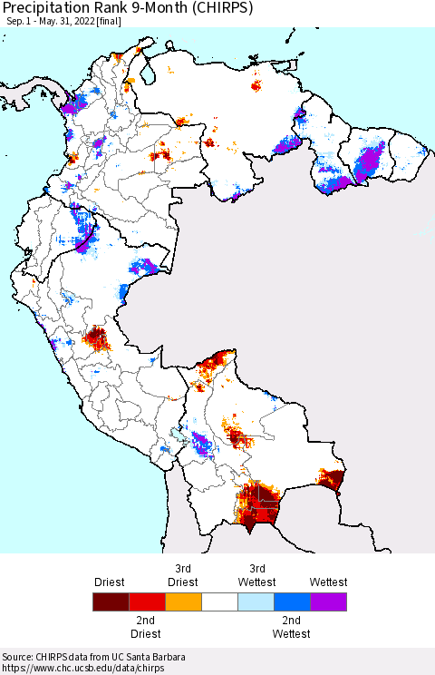 Northern South America Precipitation Rank 9-Month (CHIRPS) Thematic Map For 9/1/2021 - 5/31/2022
