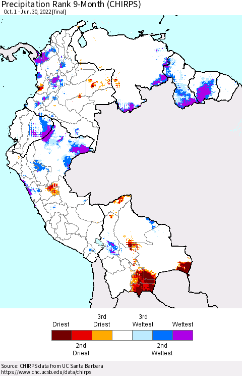 Northern South America Precipitation Rank 9-Month (CHIRPS) Thematic Map For 10/1/2021 - 6/30/2022