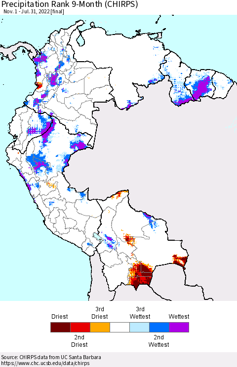 Northern South America Precipitation Rank since 1981, 9-Month (CHIRPS) Thematic Map For 11/1/2021 - 7/31/2022