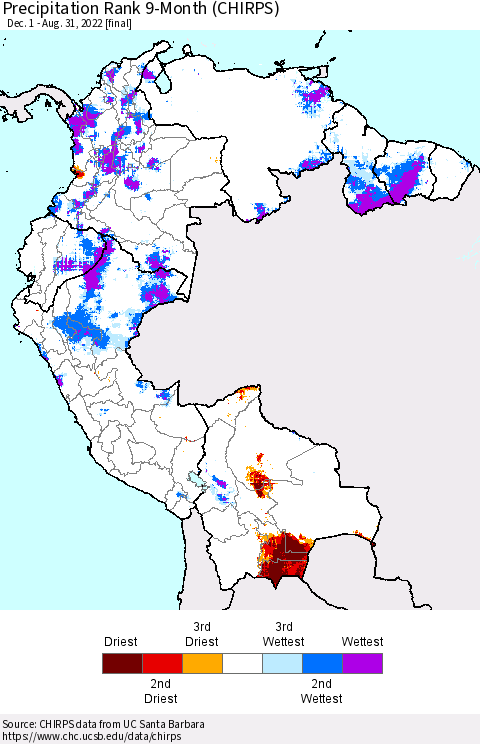 Northern South America Precipitation Rank since 1981, 9-Month (CHIRPS) Thematic Map For 12/1/2021 - 8/31/2022