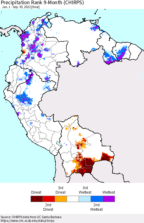 Northern South America Precipitation Rank since 1981, 9-Month (CHIRPS) Thematic Map For 1/1/2022 - 9/30/2022