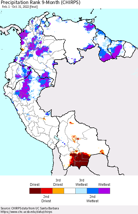Northern South America Precipitation Rank since 1981, 9-Month (CHIRPS) Thematic Map For 2/1/2022 - 10/31/2022