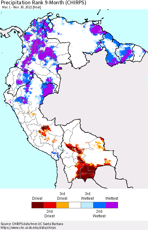 Northern South America Precipitation Rank since 1981, 9-Month (CHIRPS) Thematic Map For 3/1/2022 - 11/30/2022
