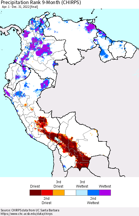 Northern South America Precipitation Rank since 1981, 9-Month (CHIRPS) Thematic Map For 4/1/2022 - 12/31/2022
