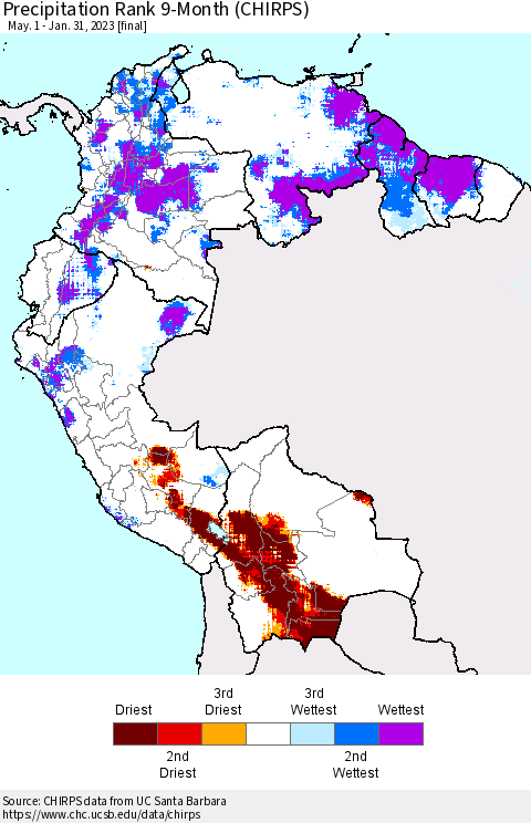 Northern South America Precipitation Rank since 1981, 9-Month (CHIRPS) Thematic Map For 5/1/2022 - 1/31/2023