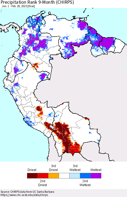 Northern South America Precipitation Rank 9-Month (CHIRPS) Thematic Map For 6/1/2022 - 2/28/2023
