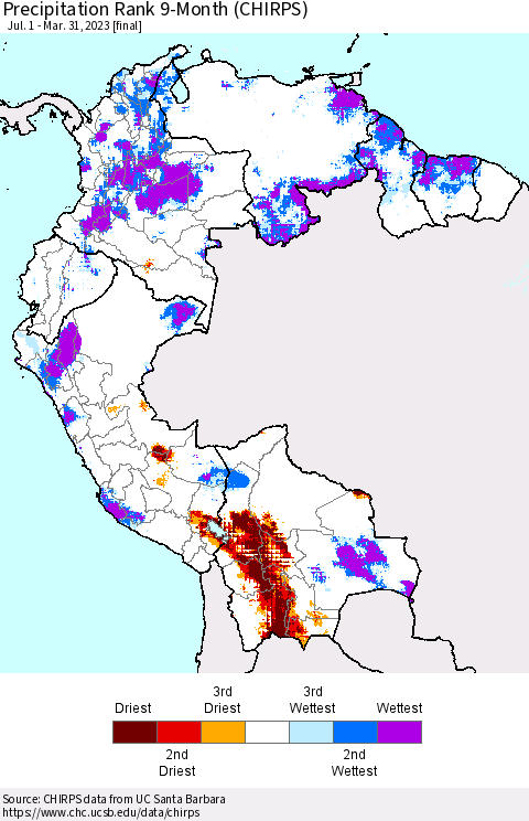 Northern South America Precipitation Rank since 1981, 9-Month (CHIRPS) Thematic Map For 7/1/2022 - 3/31/2023