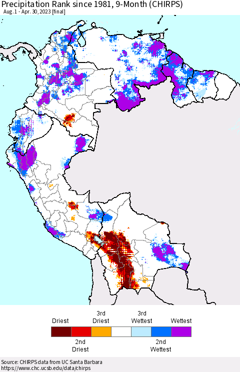 Northern South America Precipitation Rank 9-Month (CHIRPS) Thematic Map For 8/1/2022 - 4/30/2023