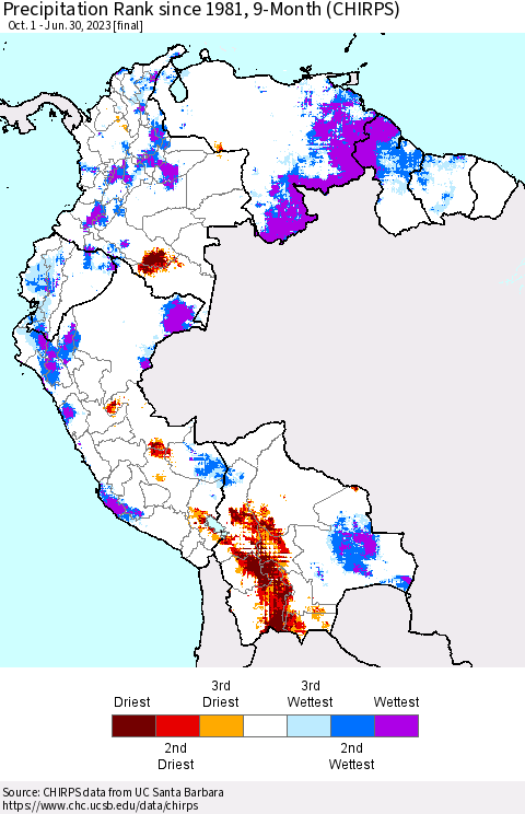 Northern South America Precipitation Rank since 1981, 9-Month (CHIRPS) Thematic Map For 10/1/2022 - 6/30/2023