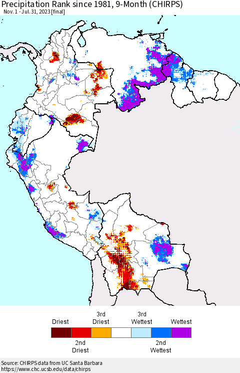 Northern South America Precipitation Rank since 1981, 9-Month (CHIRPS) Thematic Map For 11/1/2022 - 7/31/2023