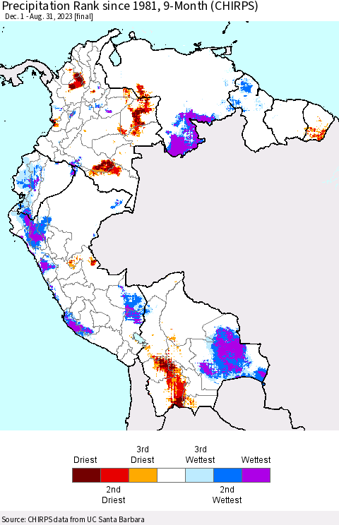 Northern South America Precipitation Rank since 1981, 9-Month (CHIRPS) Thematic Map For 12/1/2022 - 8/31/2023