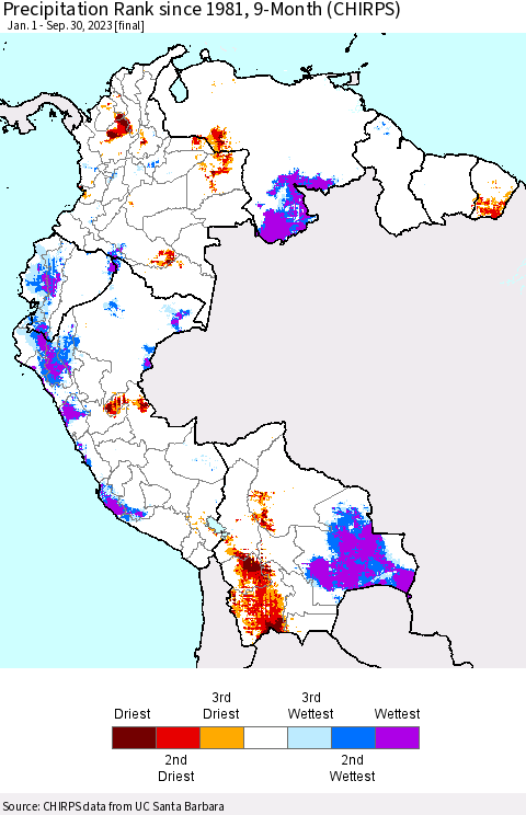 Northern South America Precipitation Rank since 1981, 9-Month (CHIRPS) Thematic Map For 1/1/2023 - 9/30/2023