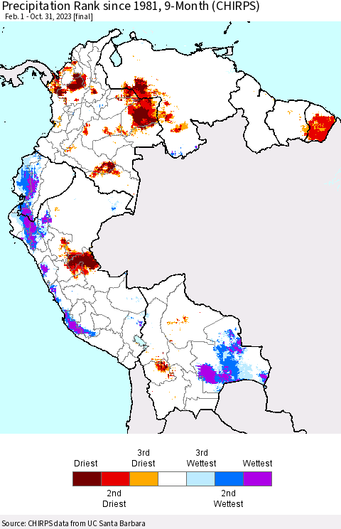 Northern South America Precipitation Rank since 1981, 9-Month (CHIRPS) Thematic Map For 2/1/2023 - 10/31/2023