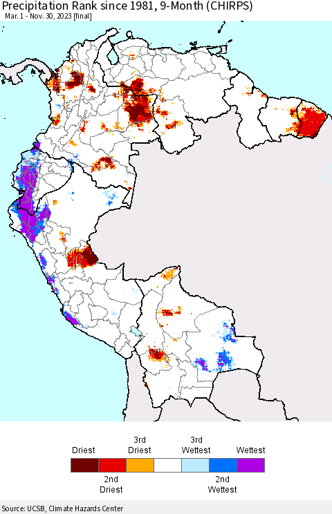 Northern South America Precipitation Rank since 1981, 9-Month (CHIRPS) Thematic Map For 3/1/2023 - 11/30/2023