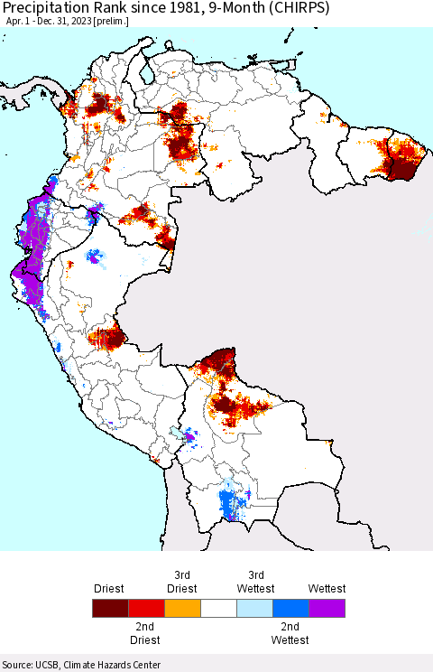 Northern South America Precipitation Rank since 1981, 9-Month (CHIRPS) Thematic Map For 4/1/2023 - 12/31/2023