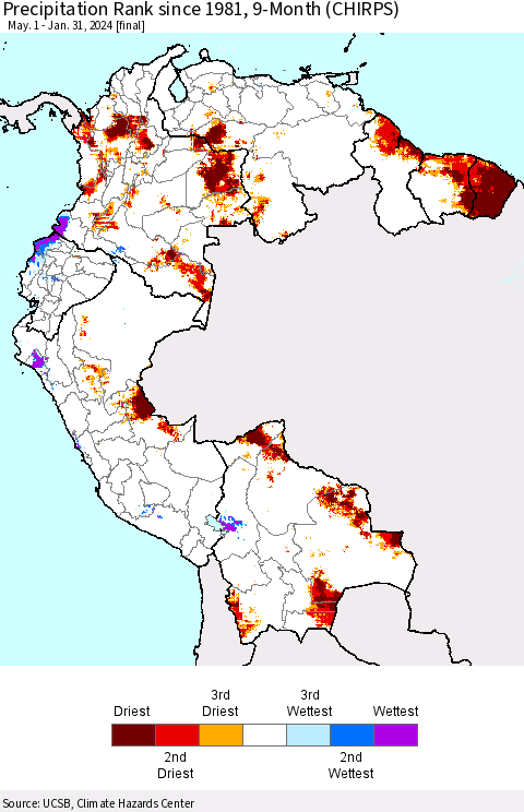 Northern South America Precipitation Rank since 1981, 9-Month (CHIRPS) Thematic Map For 5/1/2023 - 1/31/2024