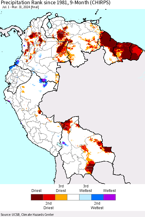 Northern South America Precipitation Rank since 1981, 9-Month (CHIRPS) Thematic Map For 7/1/2023 - 3/31/2024