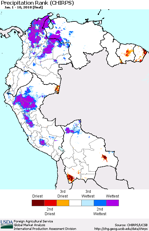 Northern South America Precipitation Rank since 1981 (CHIRPS) Thematic Map For 1/1/2018 - 1/10/2018