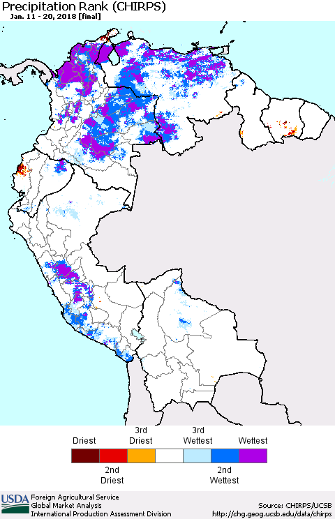 Northern South America Precipitation Rank since 1981 (CHIRPS) Thematic Map For 1/11/2018 - 1/20/2018