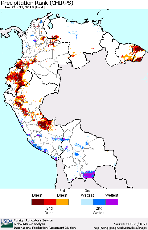 Northern South America Precipitation Rank since 1981 (CHIRPS) Thematic Map For 1/21/2018 - 1/31/2018
