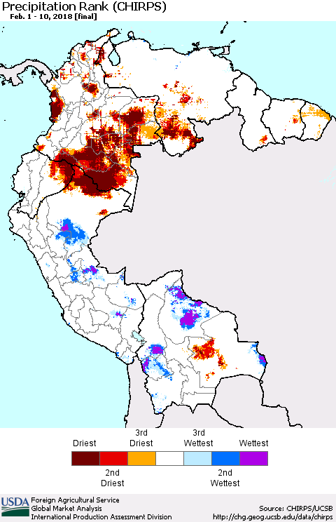 Northern South America Precipitation Rank since 1981 (CHIRPS) Thematic Map For 2/1/2018 - 2/10/2018