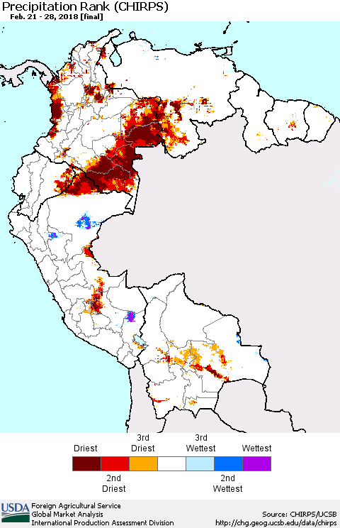 Northern South America Precipitation Rank since 1981 (CHIRPS) Thematic Map For 2/21/2018 - 2/28/2018